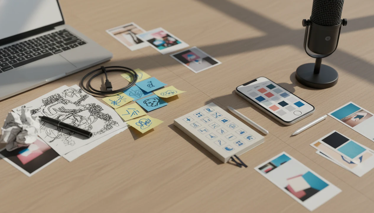A split creator desk shows messy manual drafting on one side and an organized AI-assisted workflow on the other.