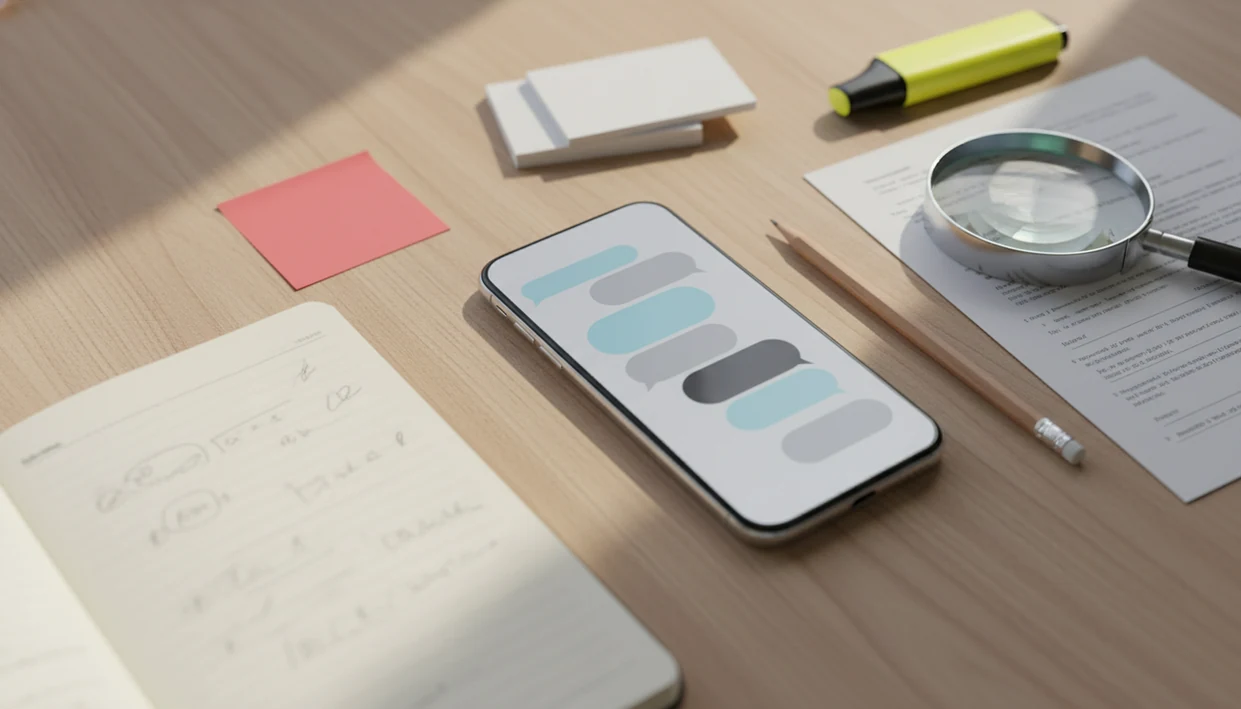 A smartphone, notebook, pencil, and magnifying glass suggest AI writing support with human review.