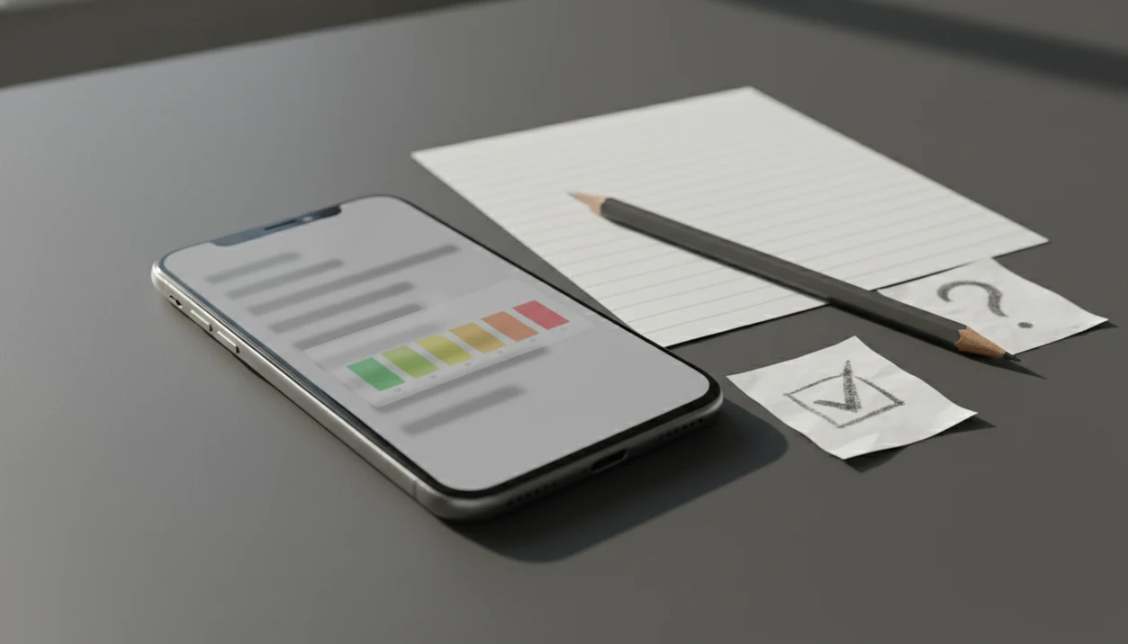 A smartphone checks blurred writing beside paper notes, suggesting AI detection as an uncertain signal.