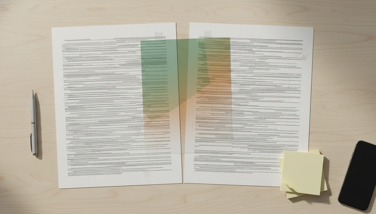 A desk shows abstract AI draft pages being edited with overlays, pencil marks, and a phone nearby.