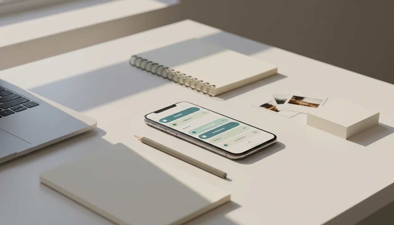 An iPhone on a desk surrounded by writing and work tools, suggesting a task-focused AI agent app.