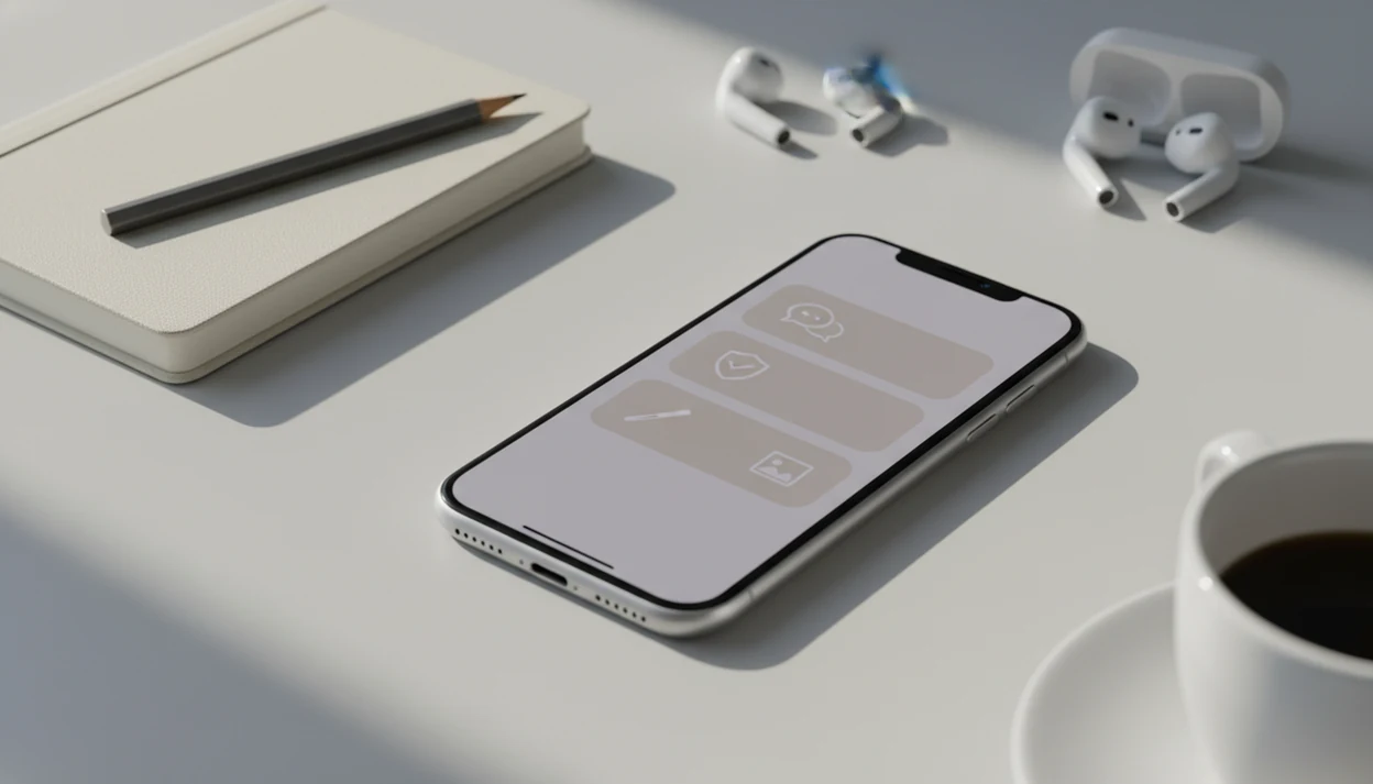 An iPhone on a tidy desk showing abstract AI writing, detection, humanizing, and image tools.