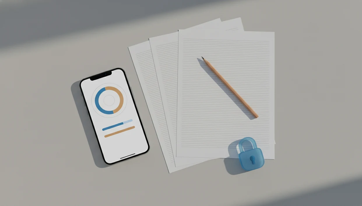 An iPhone beside blurred draft pages and a privacy lock suggests cautious AI detection review.