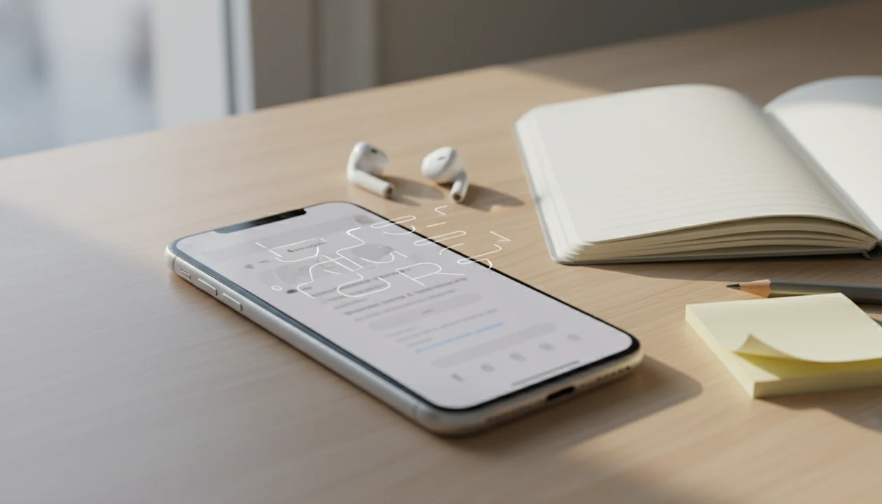An iPhone on a tidy desk suggests mobile rewriting and review without showing readable app text.
