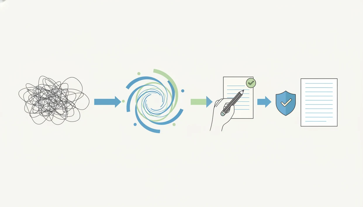 A simple illustration shows AI text moving through rewriting, human review, and safety checks.