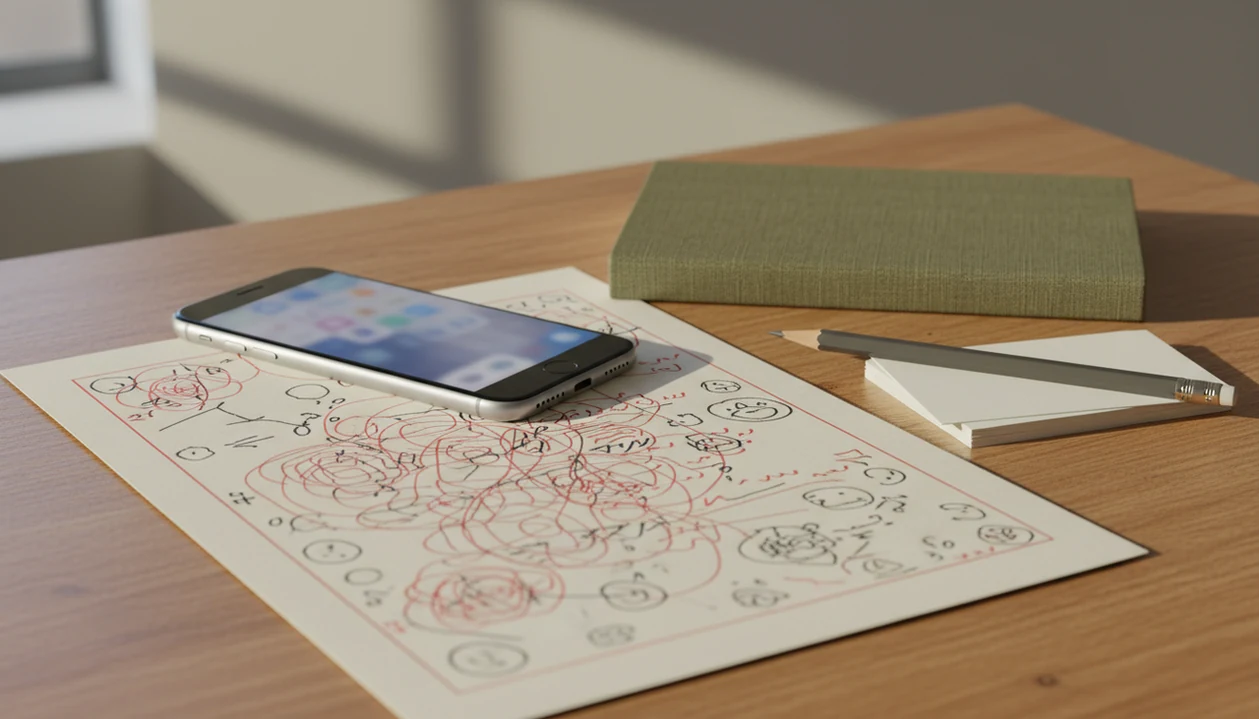 An iPhone beside an edited draft, pencil, notebook, and source cards on a desk for careful mobile rewriting.