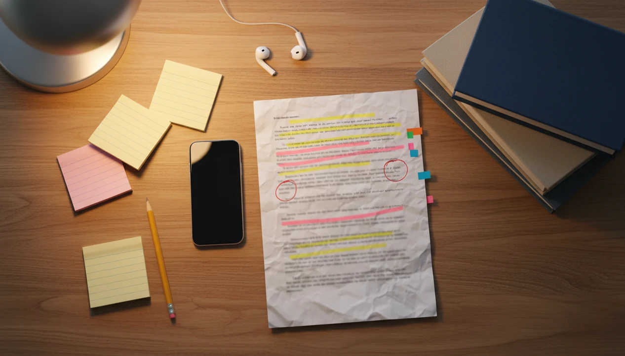 A phone, marked-up essay draft, earbuds, and study notes arranged for careful mobile revision.
