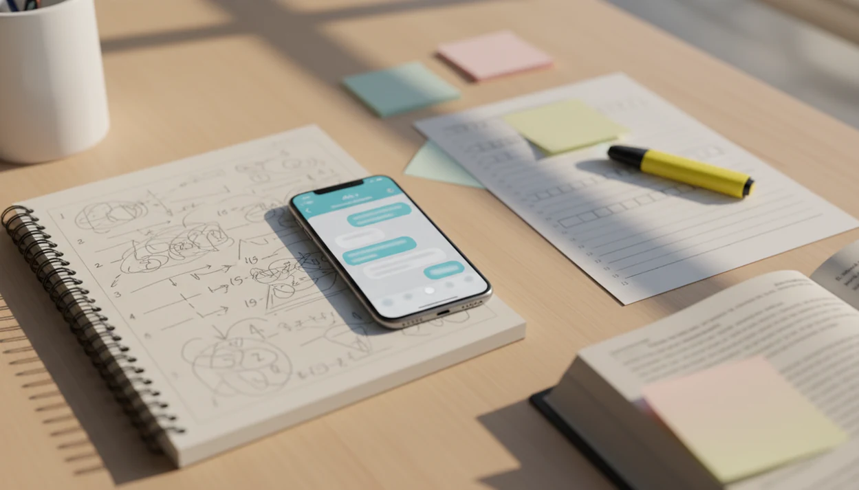 An iPhone beside a notebook and school supplies, suggesting AI used for homework guidance.