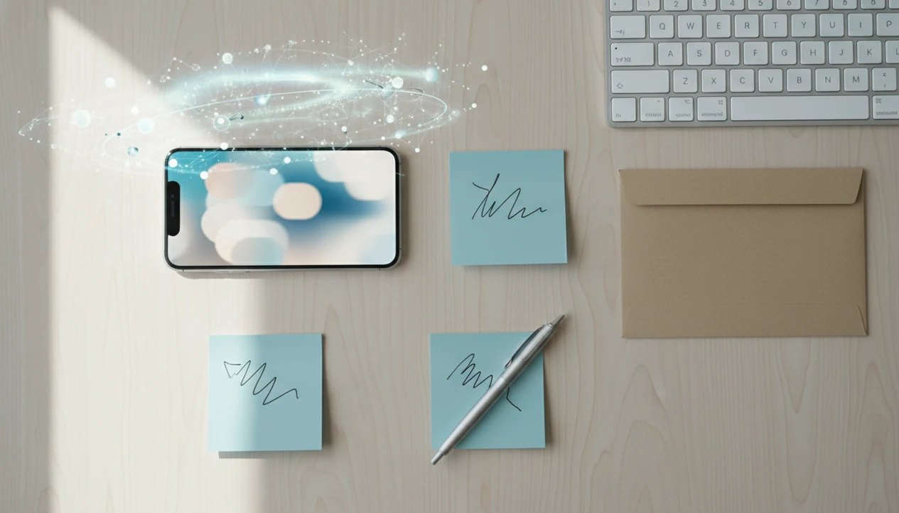 An iPhone on a desk with a keyboard, notes, and abstract AI cues for drafting emails.