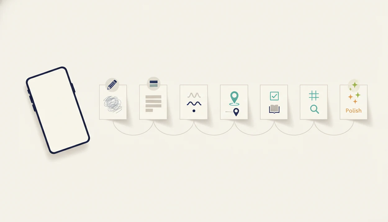 A phone and connected blank editing cards show a draft moving through humanizing review stages.