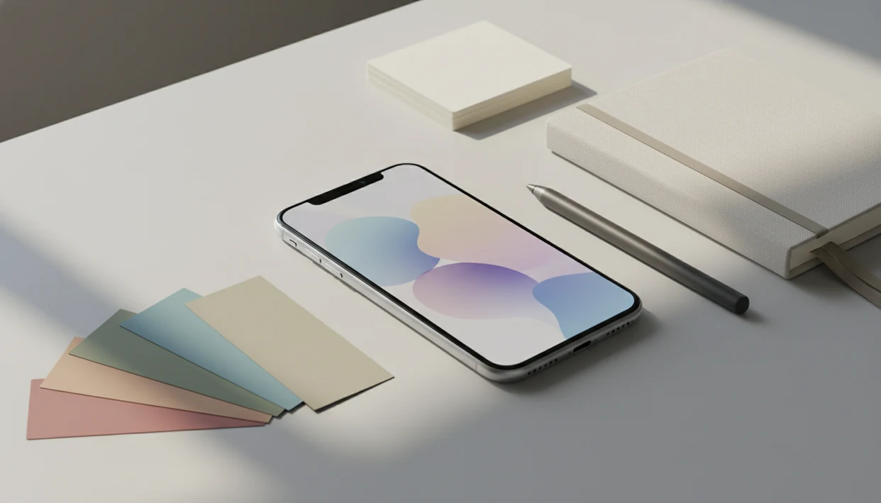 An iPhone on a tidy desk beside creative materials, showing an abstract generated image preview.