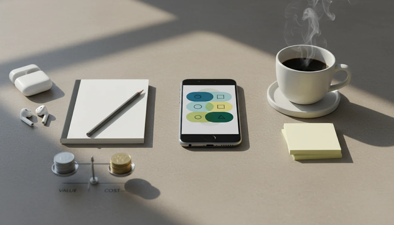An iPhone surrounded by work tools and coins suggests weighing an AI chat app subscription.
