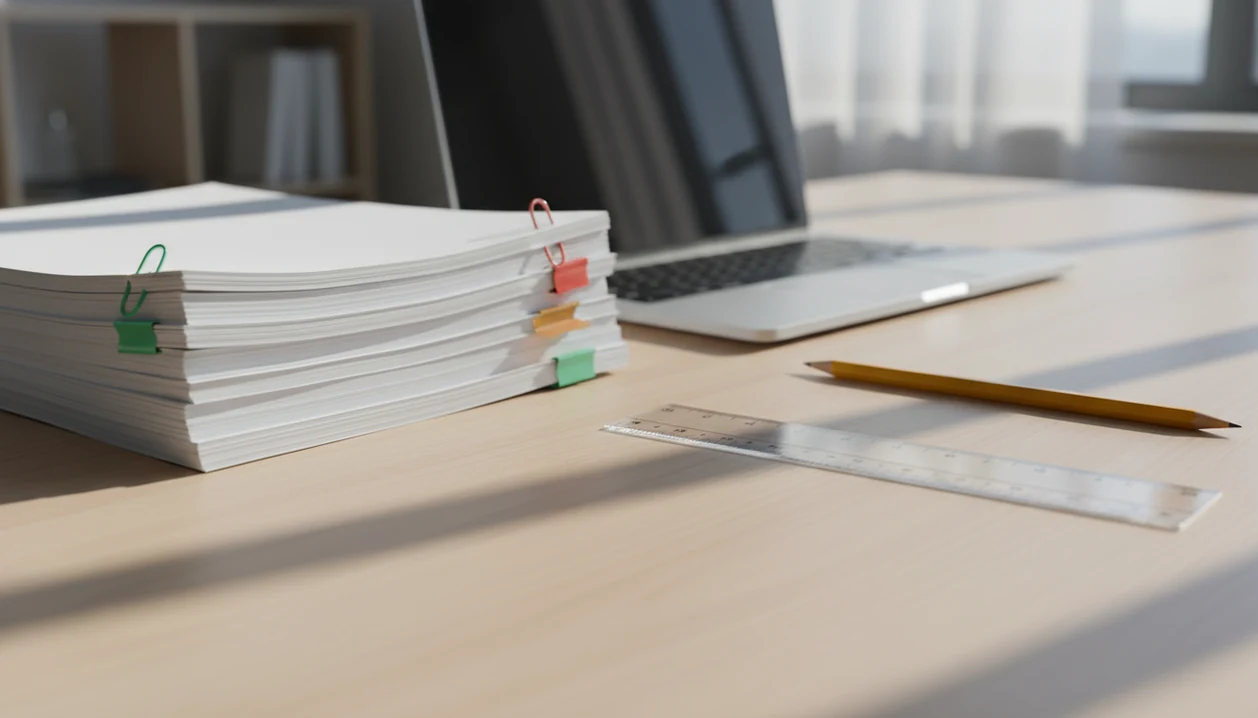 Three document stacks with green, amber, and red markers suggest different levels of AI writing risk.