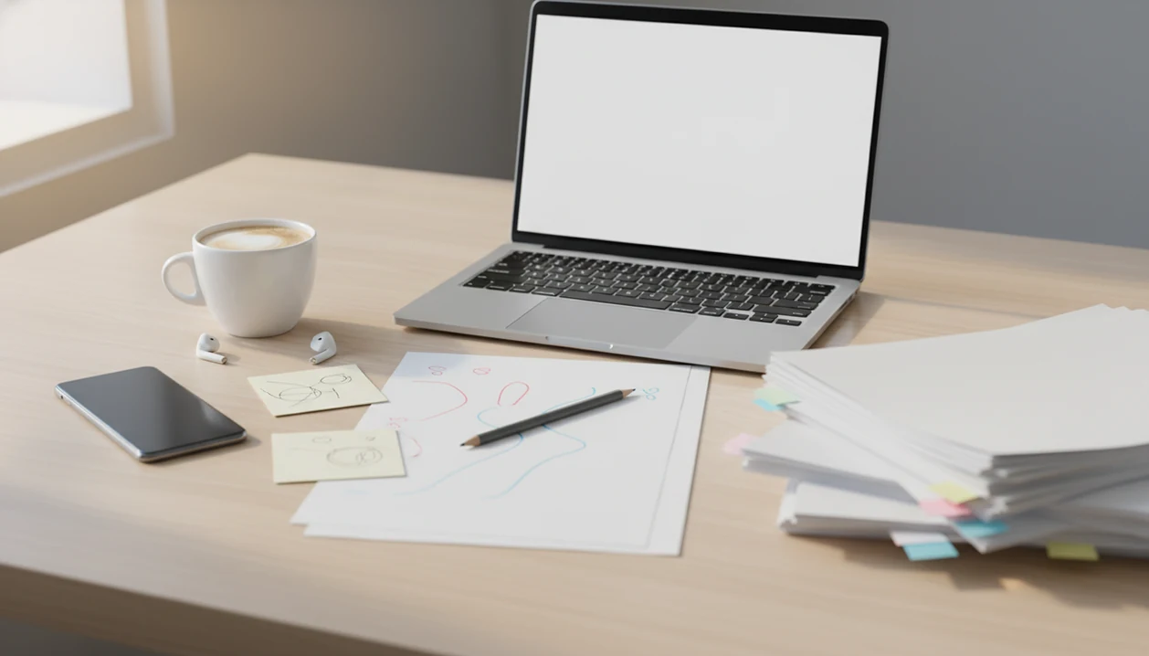 A desk compares phone-based quick edits with laptop-based document review for AI humanizing workflows.