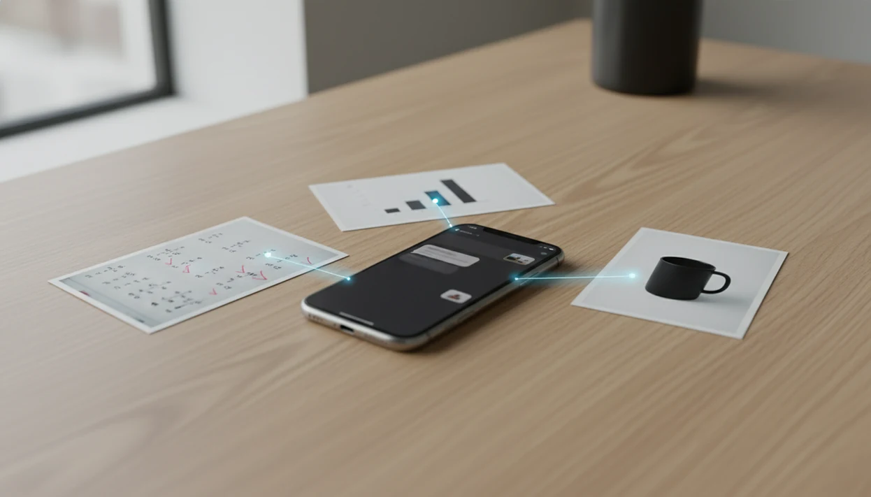 An iPhone surrounded by photos of notes, a chart, and a product image for AI photo chat.