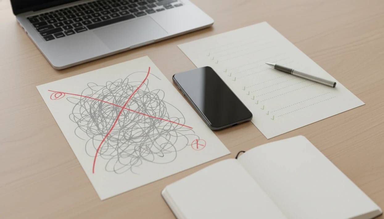 An iPhone beside marked-up draft pages showing a polished before-and-after writing workflow.