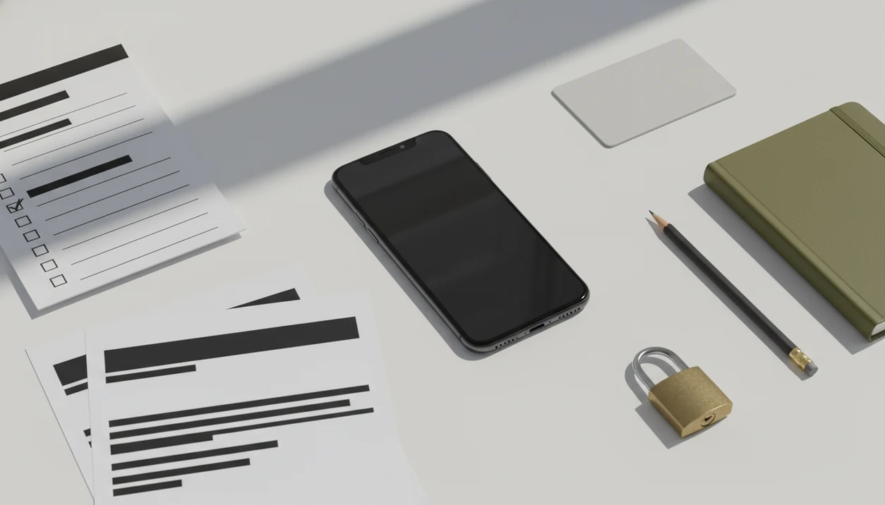 A smartphone sits beside redacted papers, a checklist, and a padlock on a tidy desk.