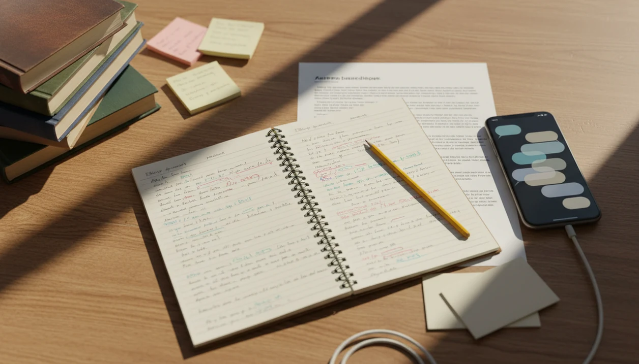A student desk shows notes, drafts, books, and a phone used as a responsible AI revision aid.