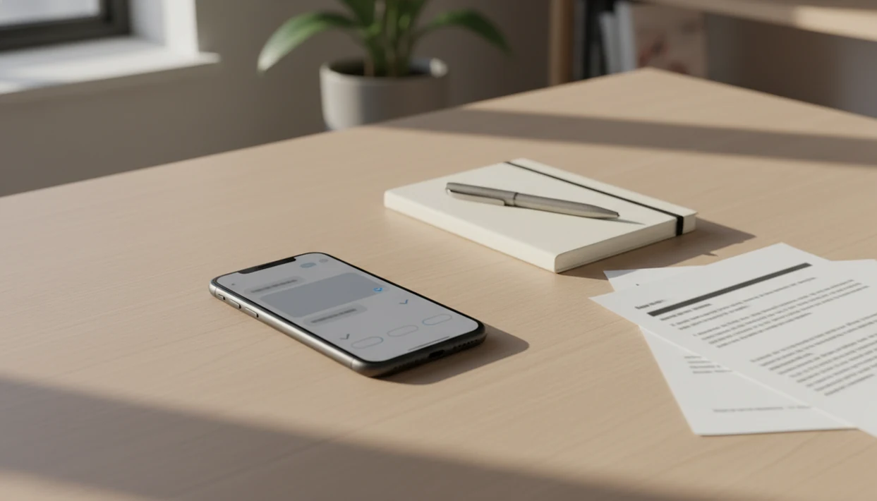 An iPhone on a desk beside notes and papers, showing an abstract AI writing draft interface.