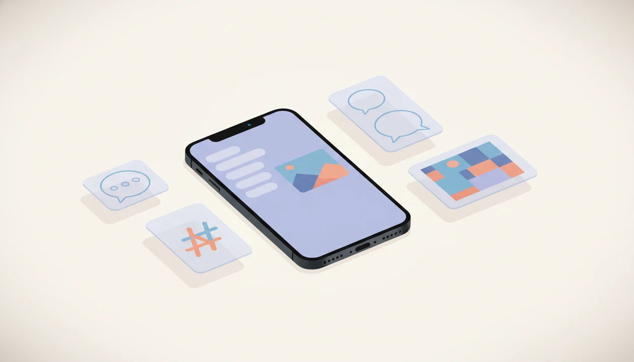 An iPhone surrounded by abstract caption cards and image previews in a clean creator workflow illustration.