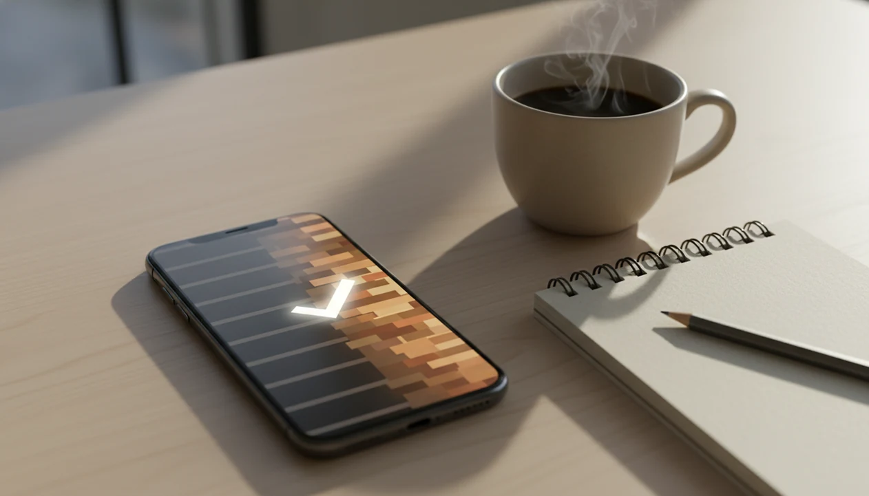 An iPhone on a desk shows abstract text being refined into a clearer draft.