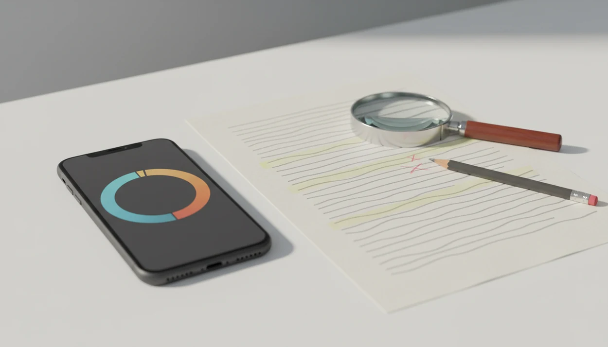 An iPhone, blurred writing sample, and magnifying glass suggest checking text for possible AI authorship.