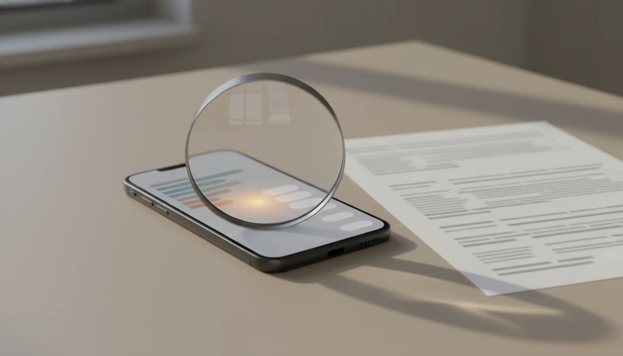 A smartphone, papers, and magnifying glass suggest checking text for possible AI writing.