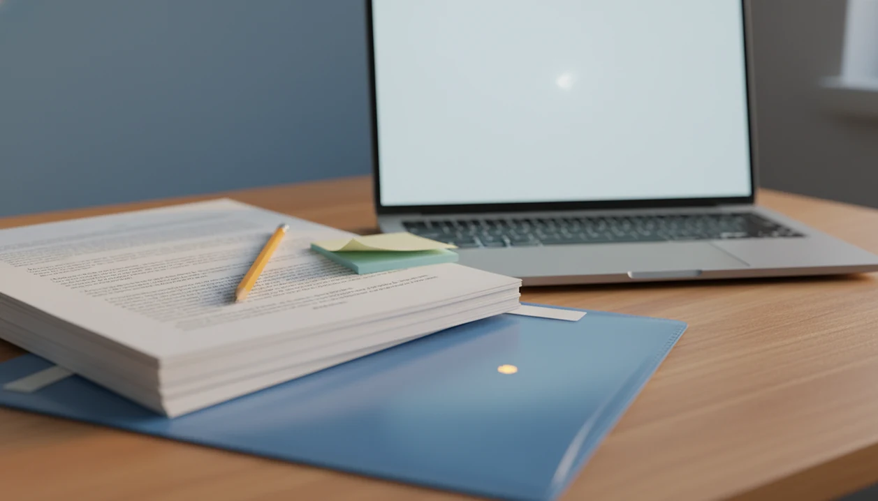 A student desk shows an essay, laptop, and policy folder, suggesting AI writing review after submission.