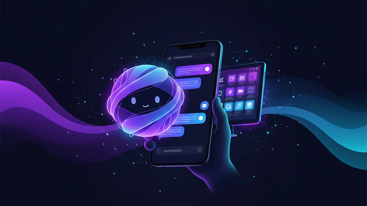 Person comparing Claude-style AI chat apps on iPhone beside Chatbots.me chatbot directory listings