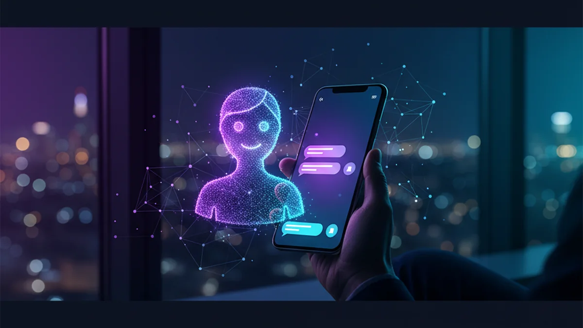 Person chatting with a safe, SFW AI companion app on an iPhone at night