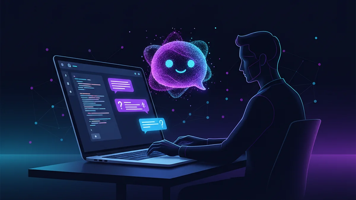 Developer using AI chatbot to debug code and explain errors on a laptop