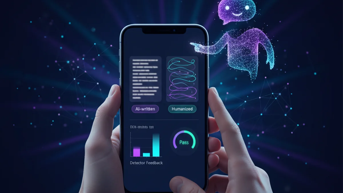 Person editing AI-written paragraph on iPhone, comparing humanized rewrite and detector feedback