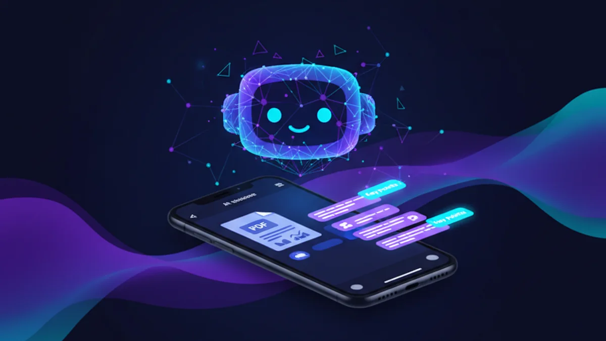 iPhone showing a PDF summary alongside an AI chat interface with highlighted key points