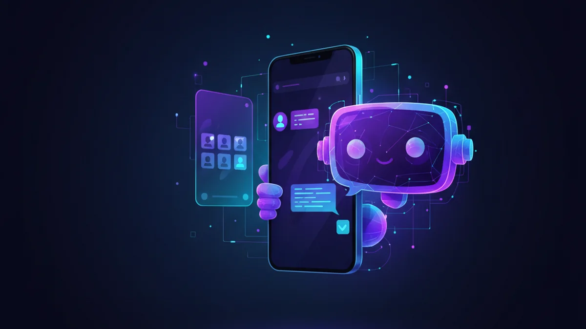 Person chatting with an AI character on a phone, comparing apps and chatbot directories