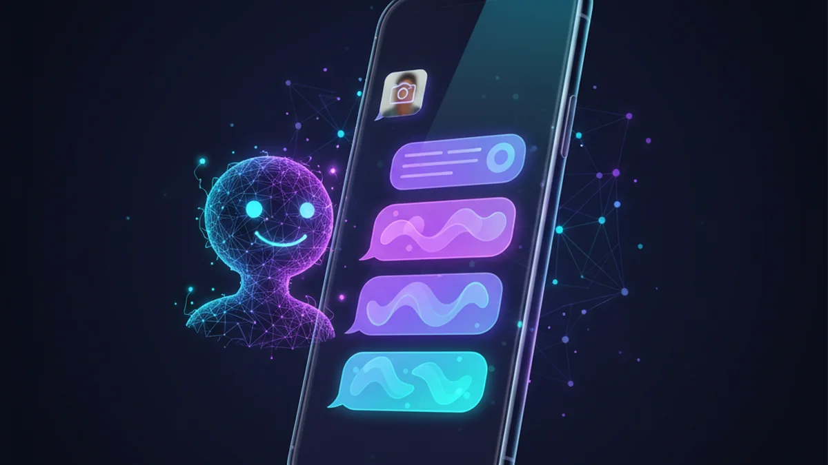 Person drafting Instagram captions on an iPhone using an AI chat app and photo input