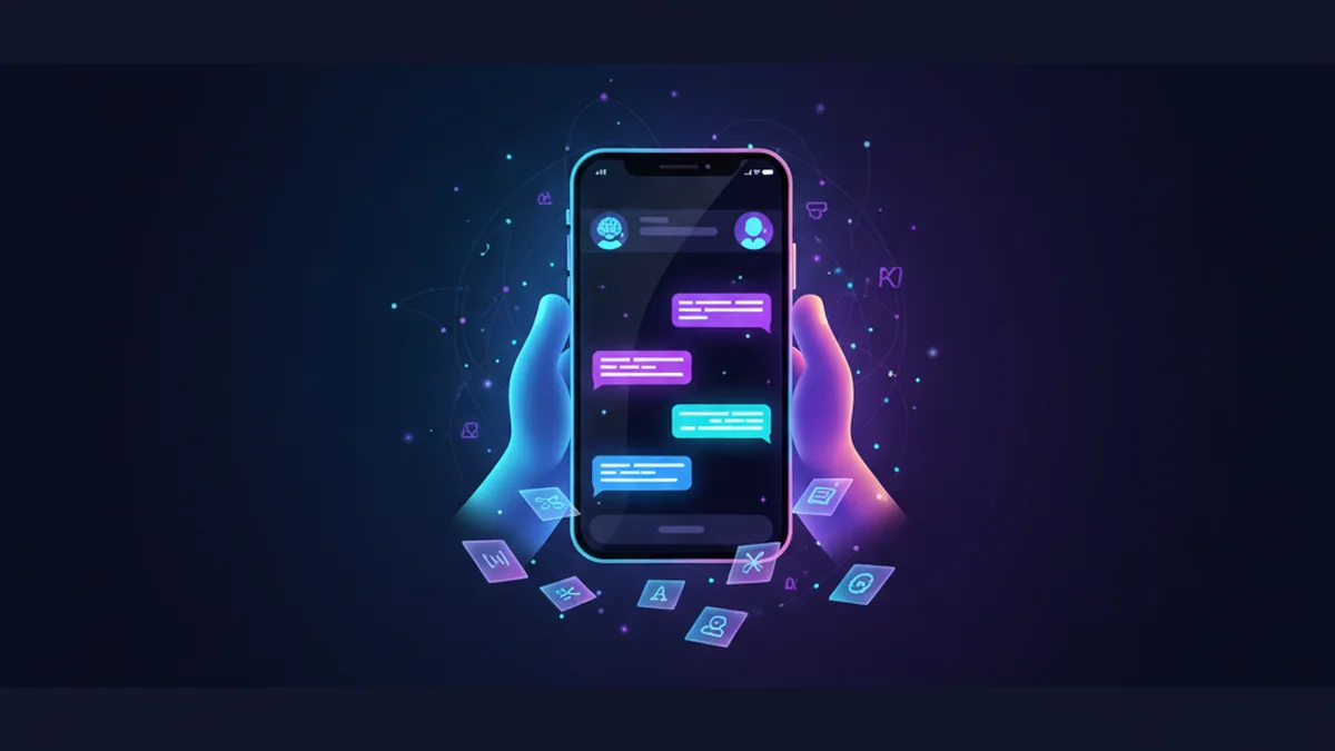 Learner practicing English conversation on a phone with an AI chatbot and notes