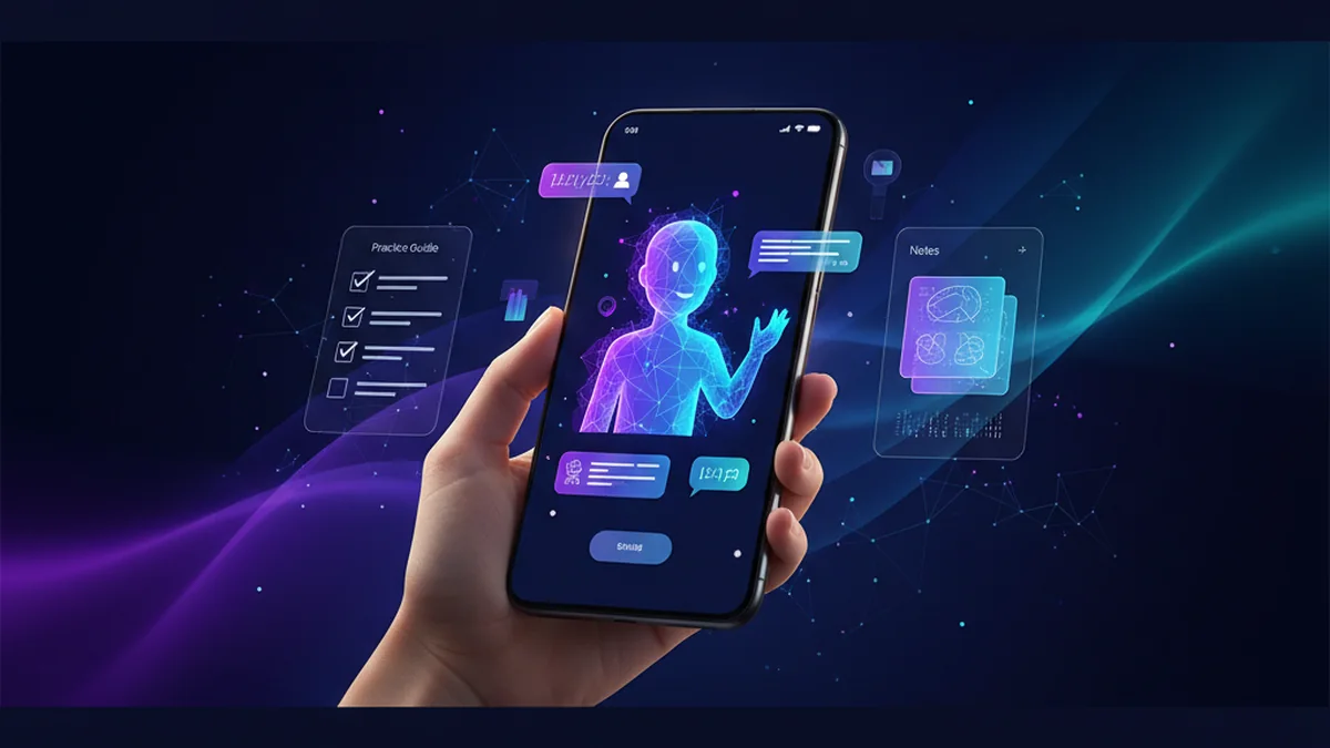 Person rehearsing interview answers on iPhone using AI chat, notes, and a practice checklist