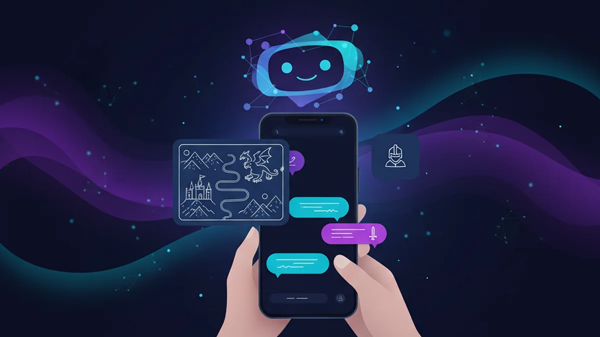 Person roleplaying a fantasy quest on iPhone with chat bubbles and a map image