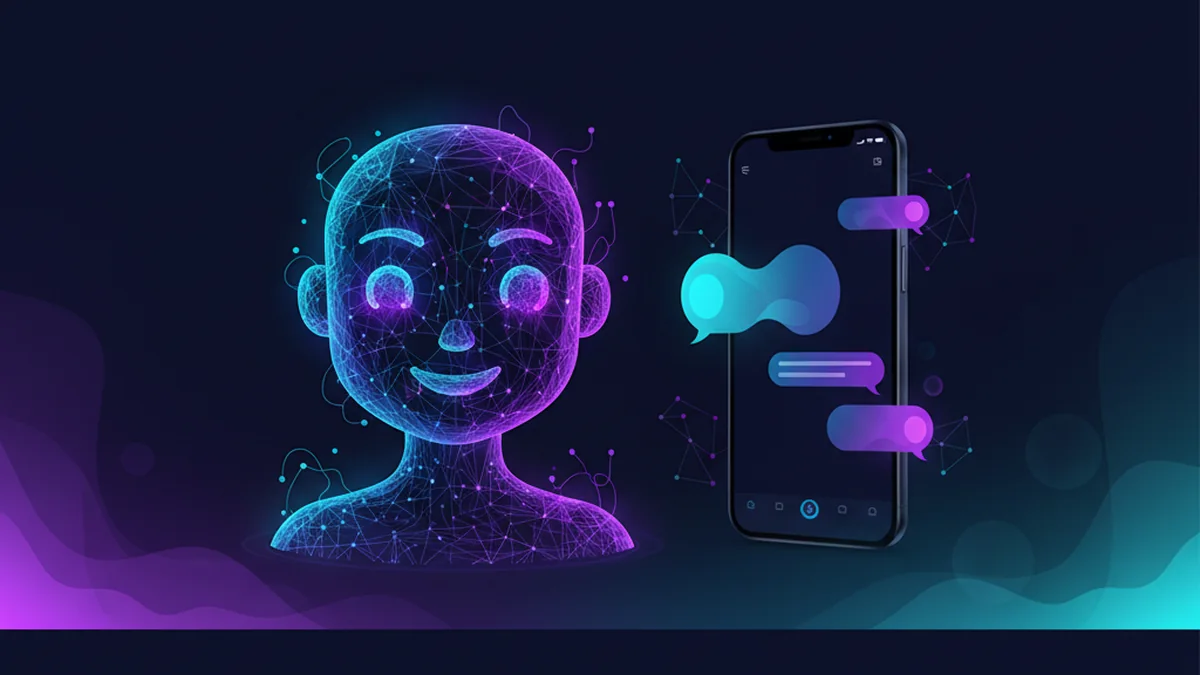 Person using a phone chat app to talk with a friendly, fictional AI companion