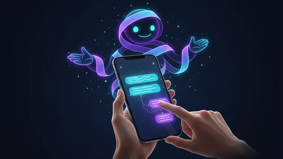 Person playing an AI text adventure chat game on an iPhone with branching choices