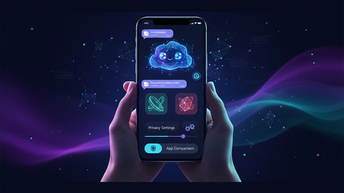 Person chatting with original AI characters on phone, comparing apps and safety settings
